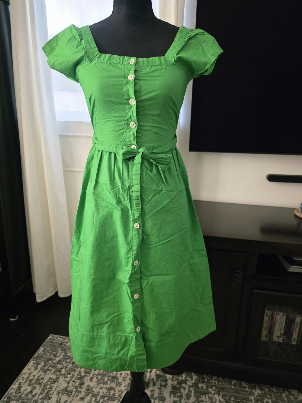 J. Crew Green Button-Front Square Neck Midi Dress with Tie Waist Size 00